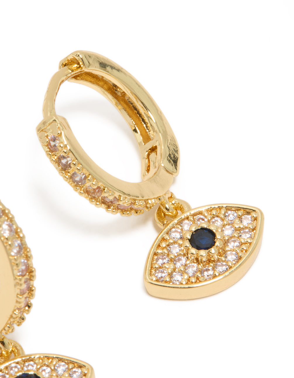 Highlighting gold plated cubic zirconia evil eye huggie drop earrings with hoop closure featuring clear and navy stones post detail view