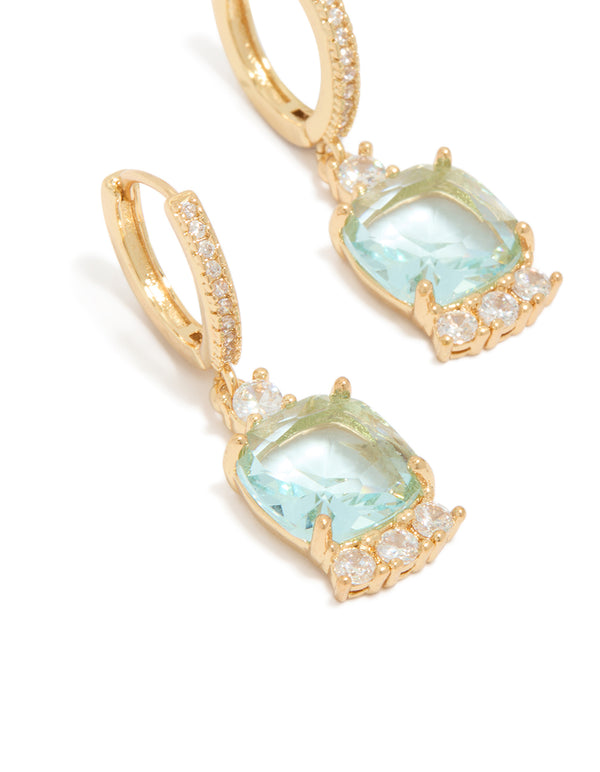Gold Plated Blue Square Cubic Zirconia Huggie Earrings