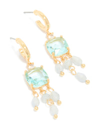 Showcasing gold plated blue cubic zirconia and stones square drop detail earrings with beads, and charm accents in a statement style front view - link has visual effect only