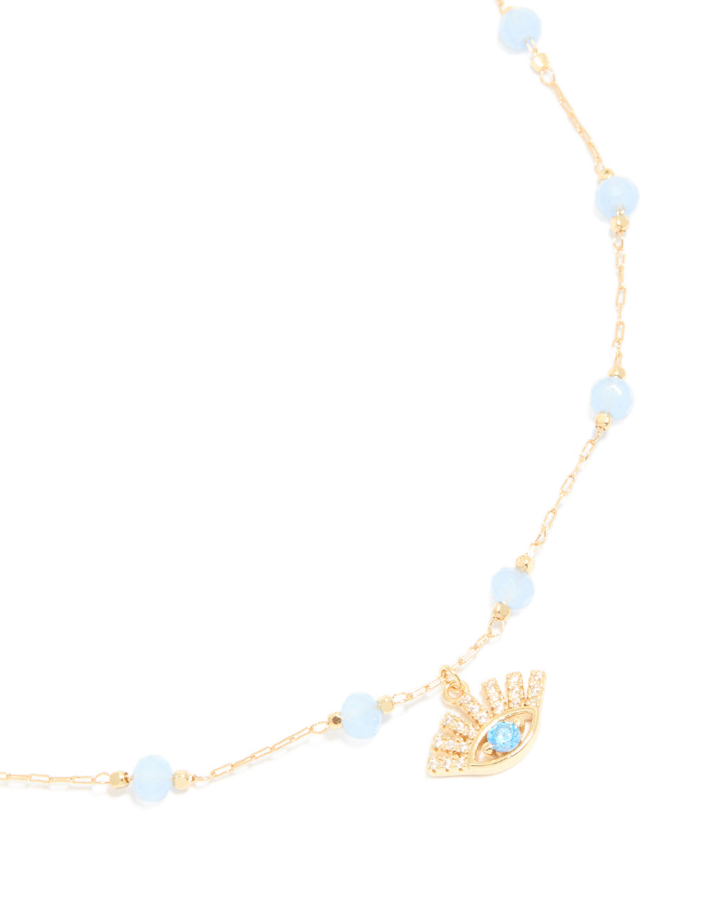 Crafted from gold plated material, this blue beaded necklace features an evil eye pendant with cubic zirconia in a statement design close up view