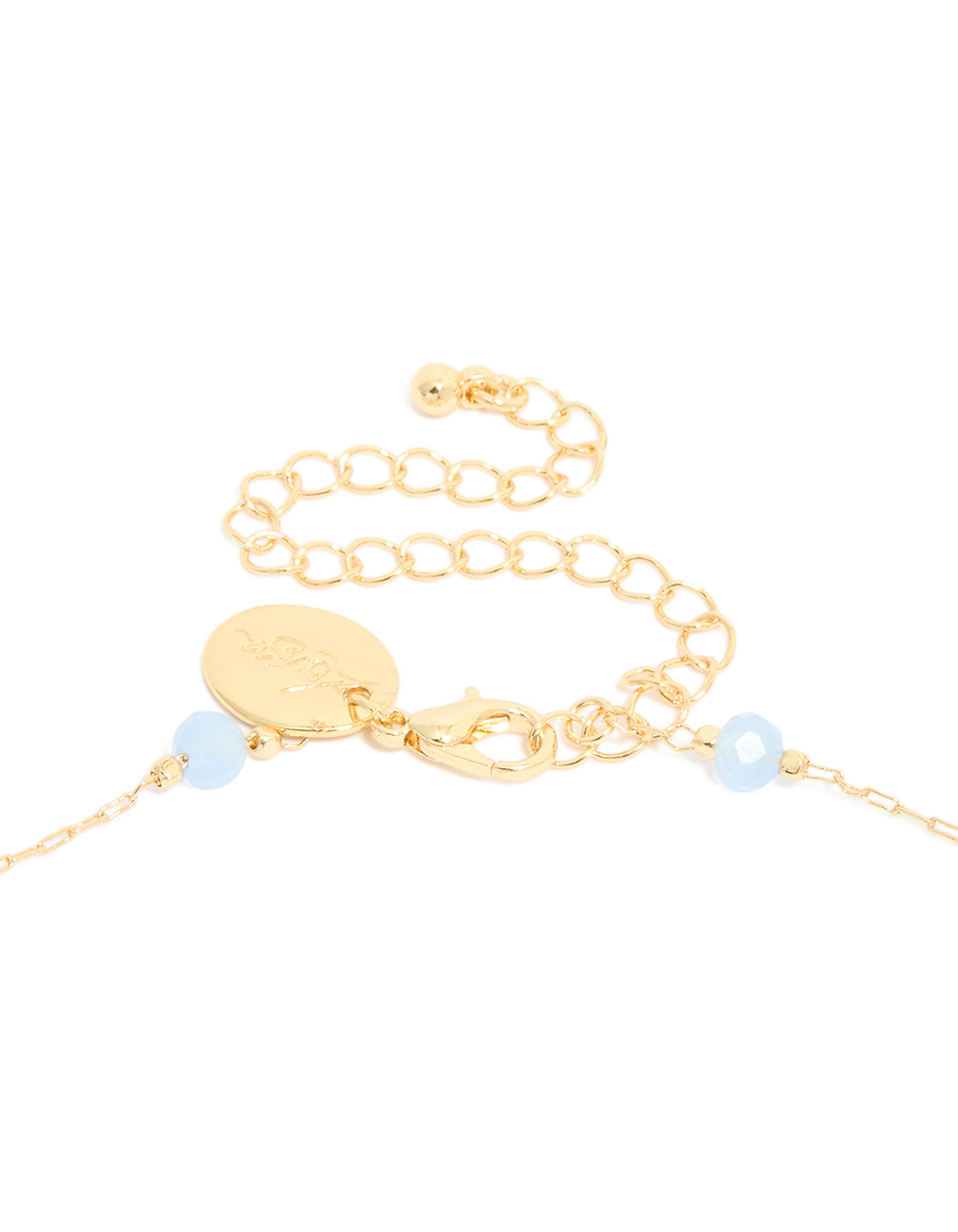 This gold plated blue beaded and evil eye pendant necklace with cubic zirconia in a statement style clasp detail view