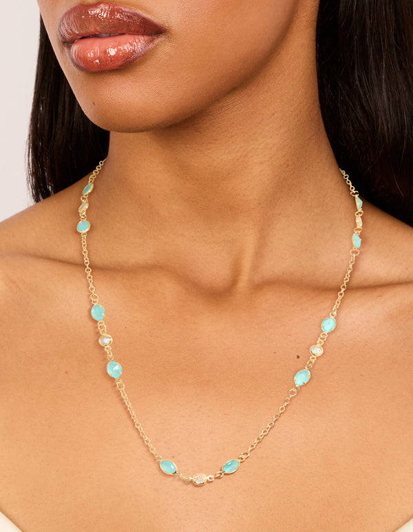 Gold Plated Blue Cubic Zirconia Oval Stone Necklace