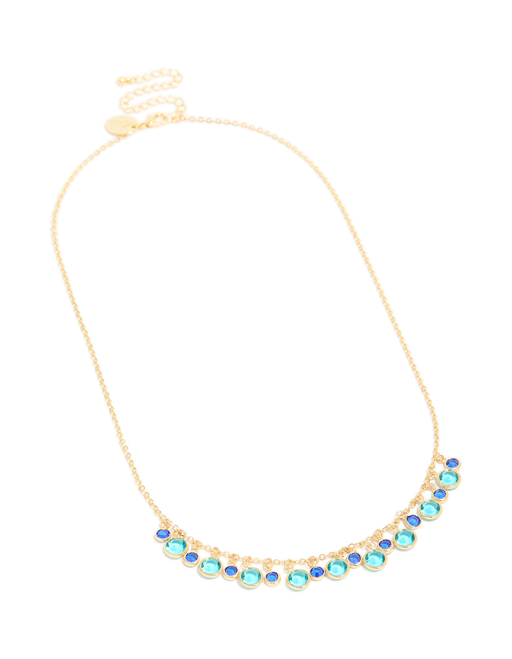 Designed with gold plated light and dark blue cubic zirconia circle necklace featuring statement design front view
