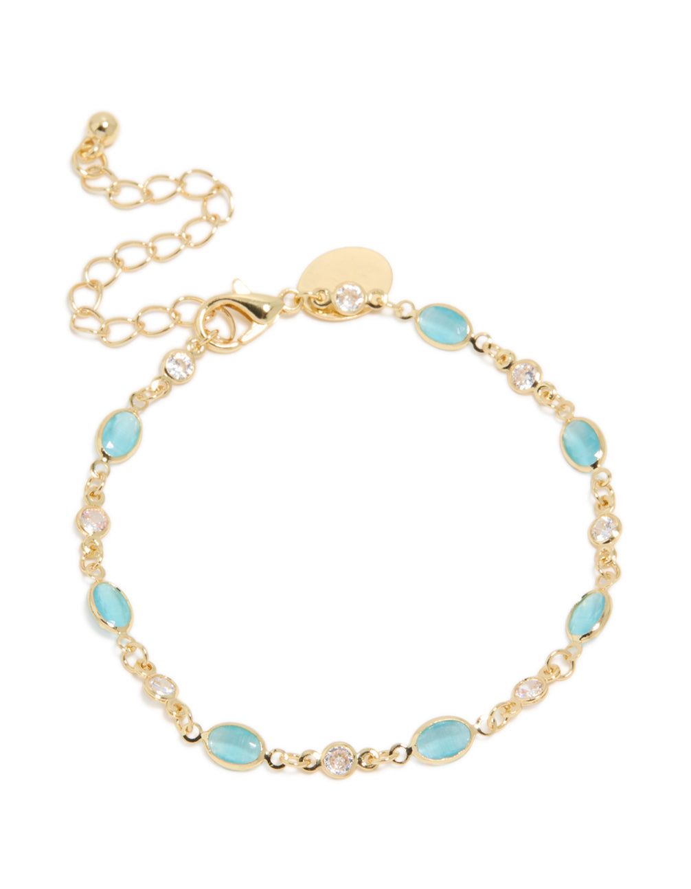 Beautifully crafted gold plated featuring blue and clear cubic zirconia oval bracelet front view