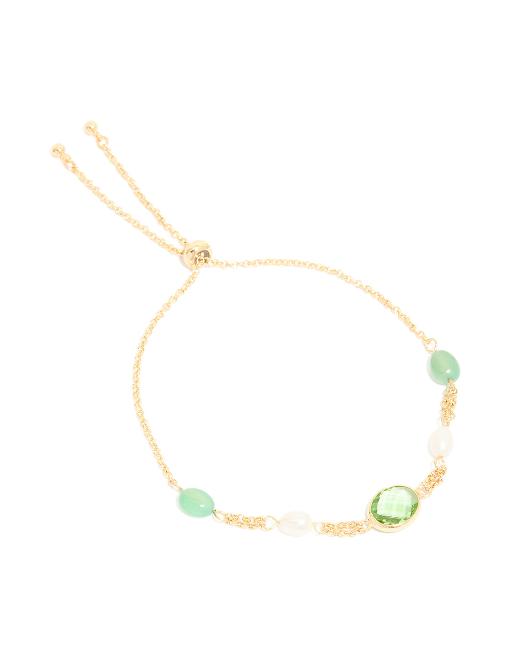 Beautifully crafted gold plated green cubic zirconia freshwater pearl toggle bracelet featuring beads accents, front view