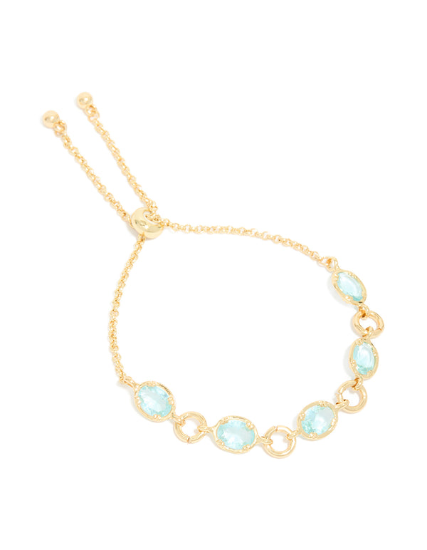 Gold Plated Aqua Cubic Zirconia Large Toggle Bracelet