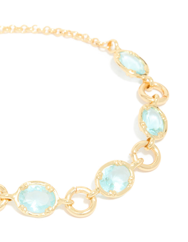 Gold Plated Aqua Cubic Zirconia Large Toggle Bracelet