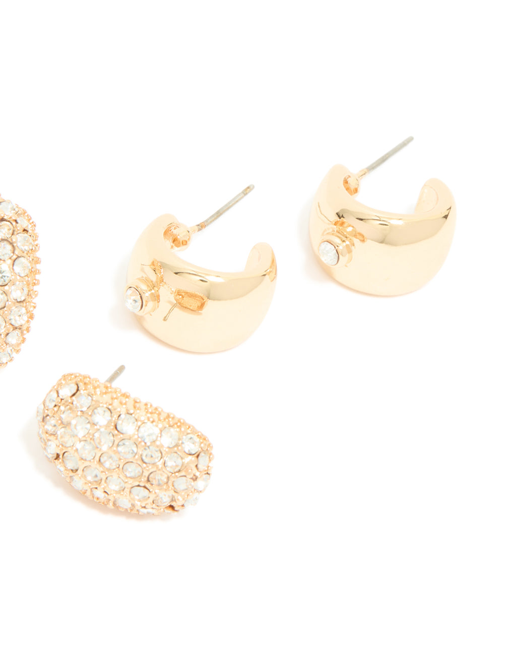 Featuring chunky gold diamante hoop earrings in a 3-pack post detail view