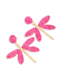 Gold Hot Pink Raffia Dragonfly Drop Earrings - link has visual effect only
