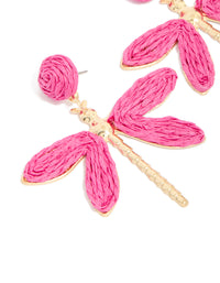Gold Hot Pink Raffia Dragonfly Drop Earrings - link has visual effect only