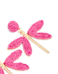 Gold Hot Pink Raffia Dragonfly Drop Earrings - link has visual effect only