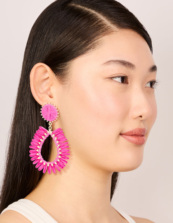 Gold Hot Pink Raffia Oval Drop Earrings
