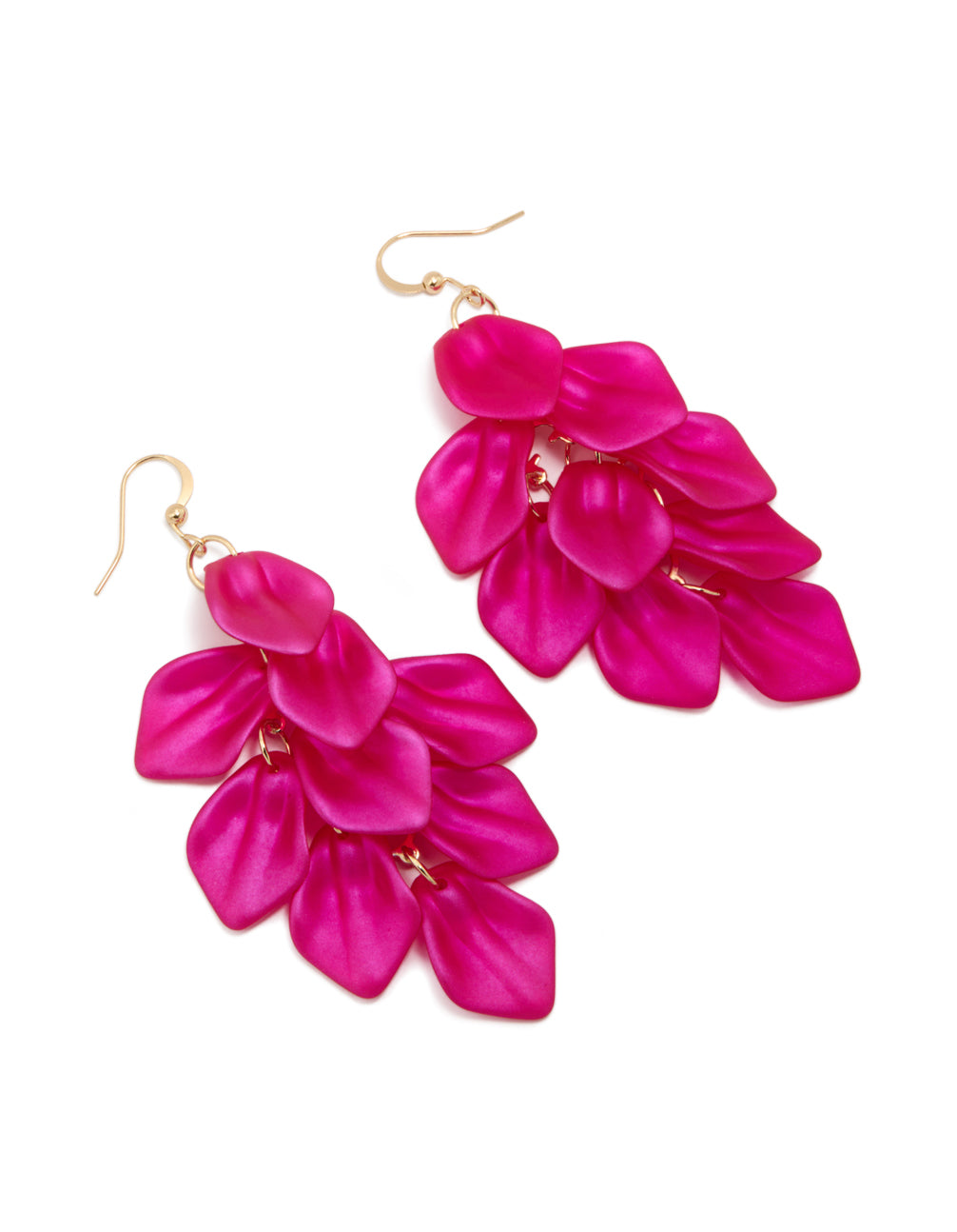 Featuring statement drop earrings with floral petal design in fuchsia coated metal and gold accents front view