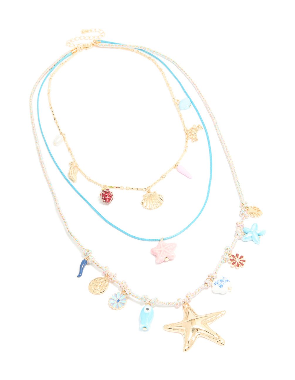 Crafted from gold blue cord, this sea charm layered necklace features floral, leaf, ocean and coin front view