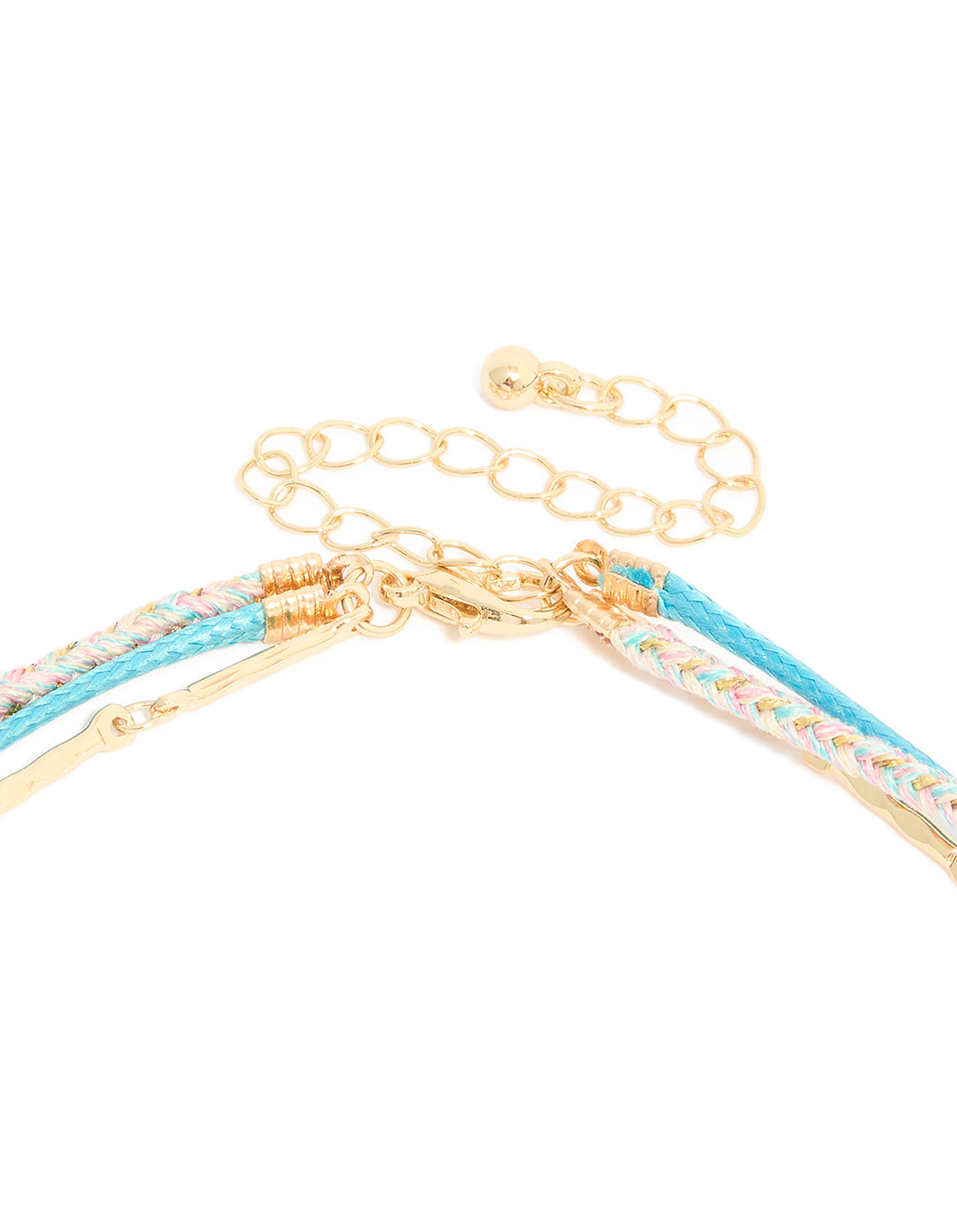 This gold blue cord layered sea charm necklace is designed with floral, leaf, ocean and coin features clasp detail view