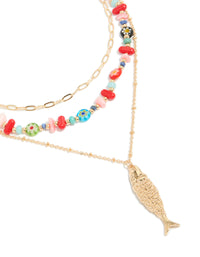 Gold Fish Pendant & Multicoloured Beaded Layered Necklace - link has visual effect only