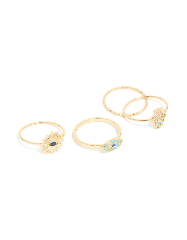 Gold Plated Cubic Zirconia  Evil Eye & Hamsa Hand Rings 4-Pack