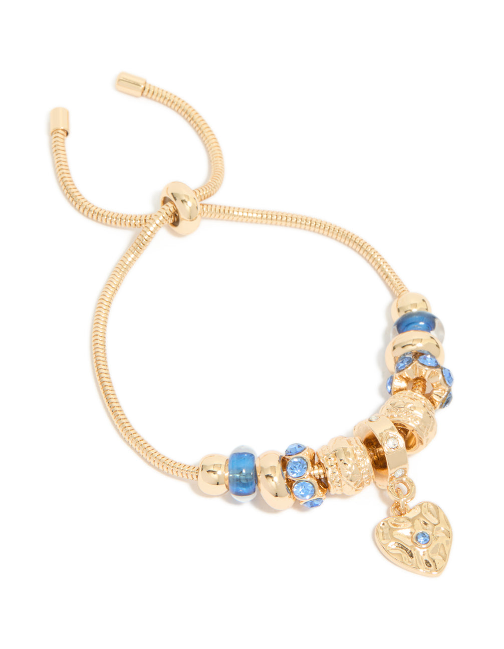 Discover a gold blue diamante and molten heart charm toggle bracelet featuring beaded with balls craftsmanship front view