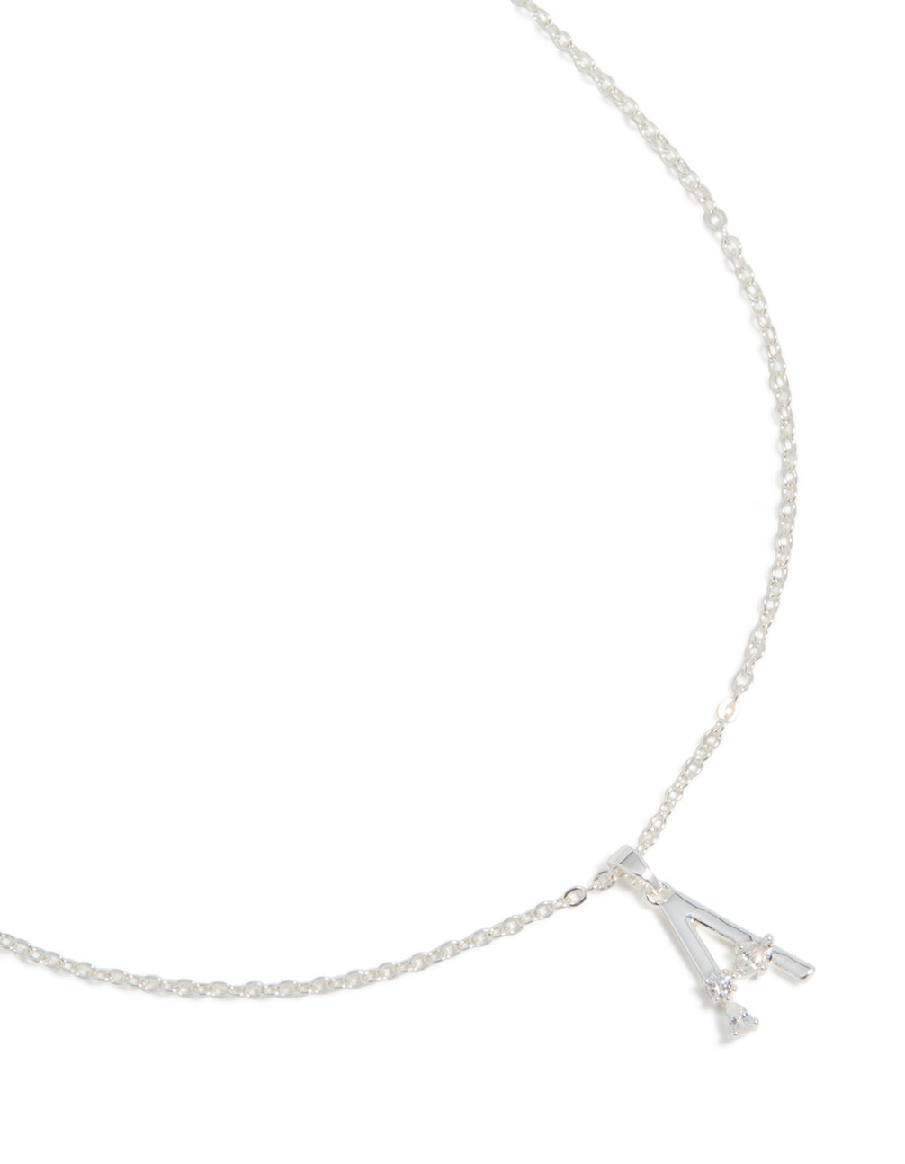 Crafted from silver plated metal, this thin letter A necklace features a pendant with cubic zirconia detailing in a statement style close up view