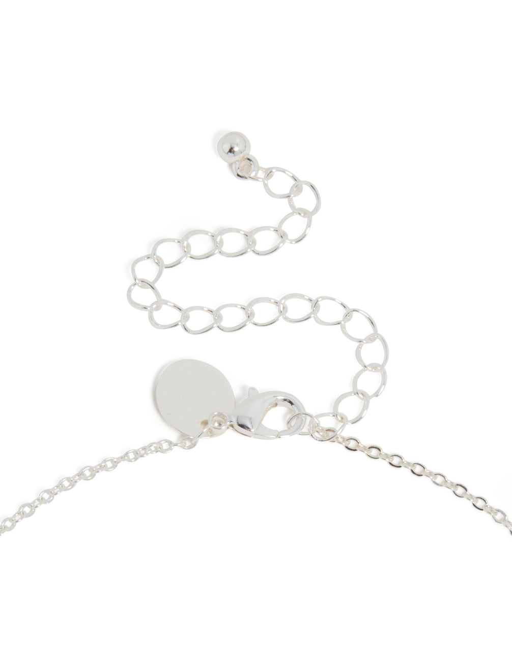 Showcasing a silver plated thin letter A necklace with a cubic zirconia pendant in a statement style, clasp detail view
