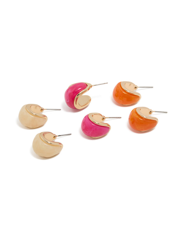 Presenting chunky hoop earrings in a 3-pack featuring gold, hot pink, and orange acrylic bubble designs front view