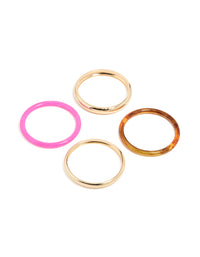Showcasing a gold and mixed acrylic bangle 4-pack with hot pink and brown tortoiseshell designs front view - link has visual effect only