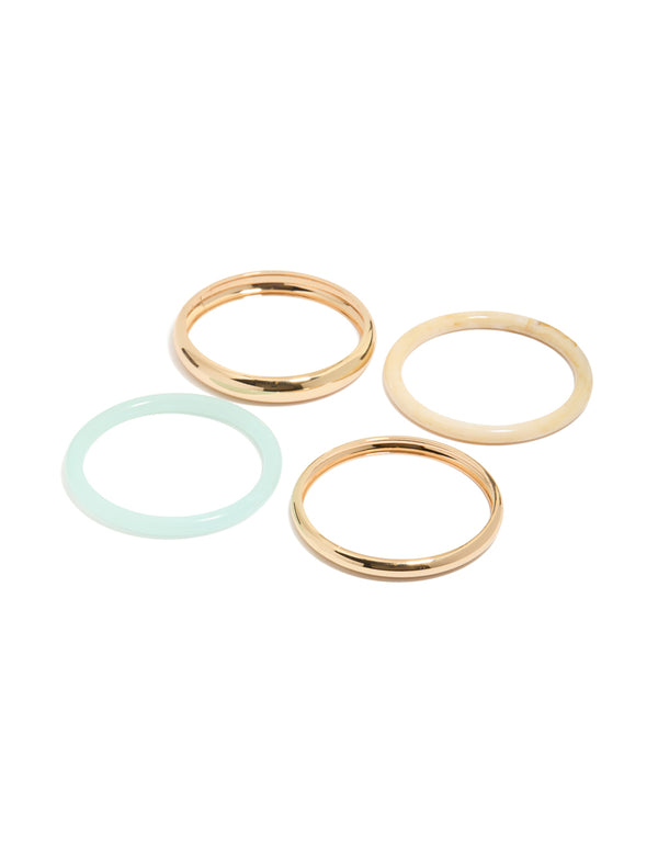 Featuring gold and blue acrylic stackable bangle bracelets in a 4-pack front view