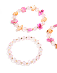 Featuring beaded stretch bracelets in a 3-pack with hot pink peachpuff lightpink and gold tones close up view - link has visual effect only