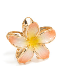 Featuring a floral enamel peach and yellow frangipani claw clip in gold side view - link has visual effect only