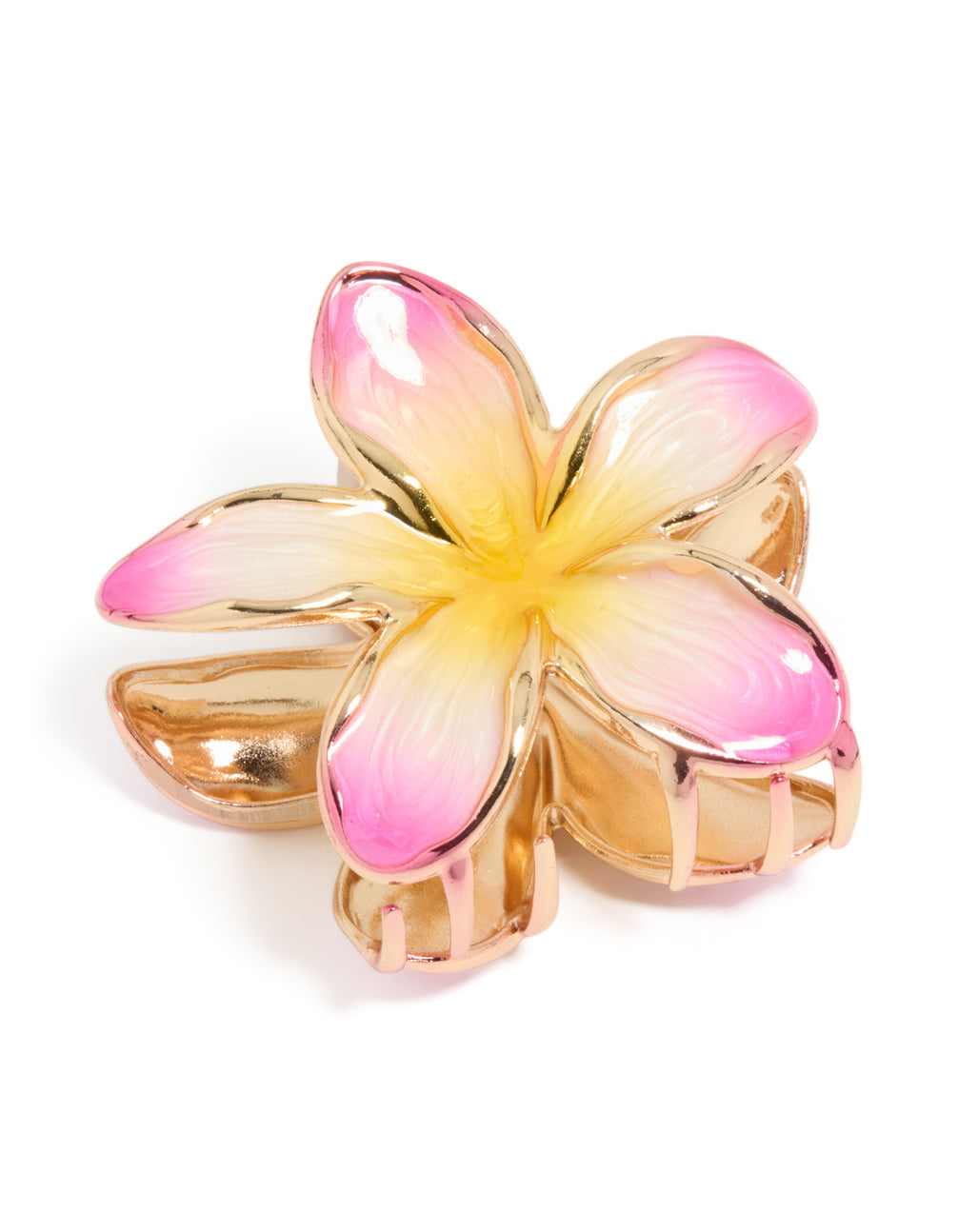 Beautifully crafted floral enamel frangipani claw clip in gold, pink, and yellow front view