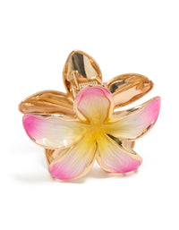 Stunning floral enamel frangipani claw clip featuring gold, pink, and yellow tones side view - link has visual effect only