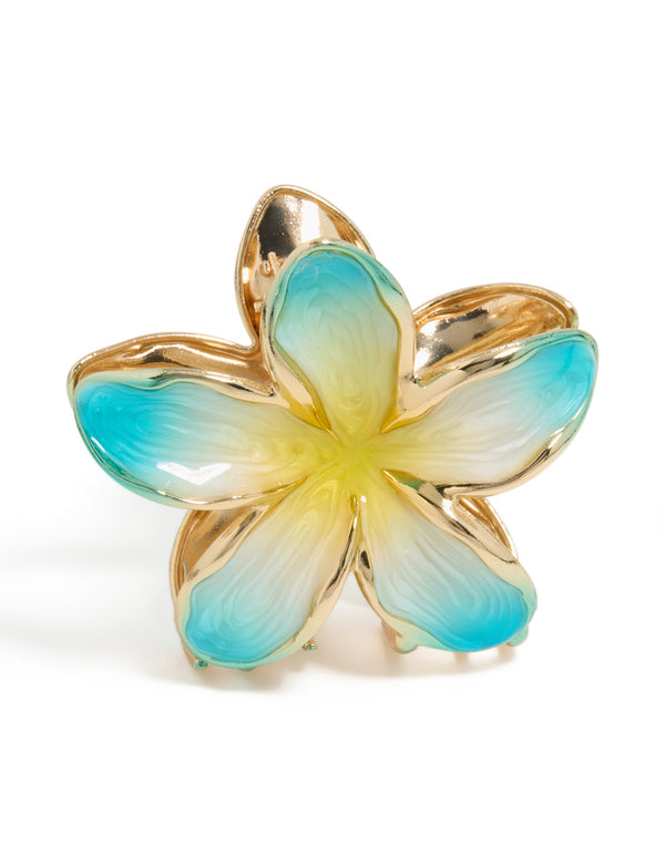 Featuring a floral enamel frangipani flower claw clip in turquoise, yellow, and gold side view