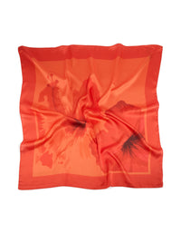 Featuring an orange fabric scarf with double hibiscus floral print in coral, tomato, dark orange, and maroon hues, front view - link has visual effect only