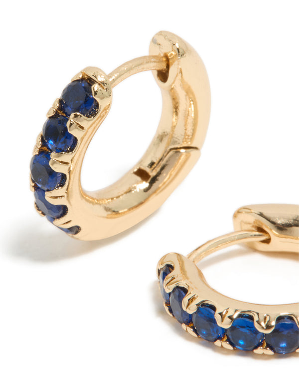 Gold Dark Blue Cubic Zirconia Small Clicker Earrings