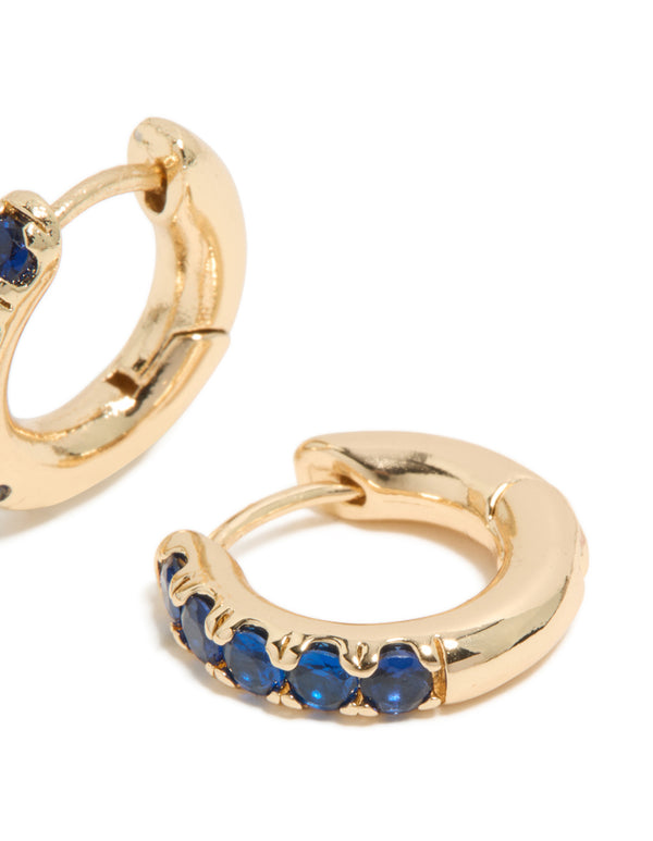 Gold Dark Blue Cubic Zirconia Small Clicker Earrings