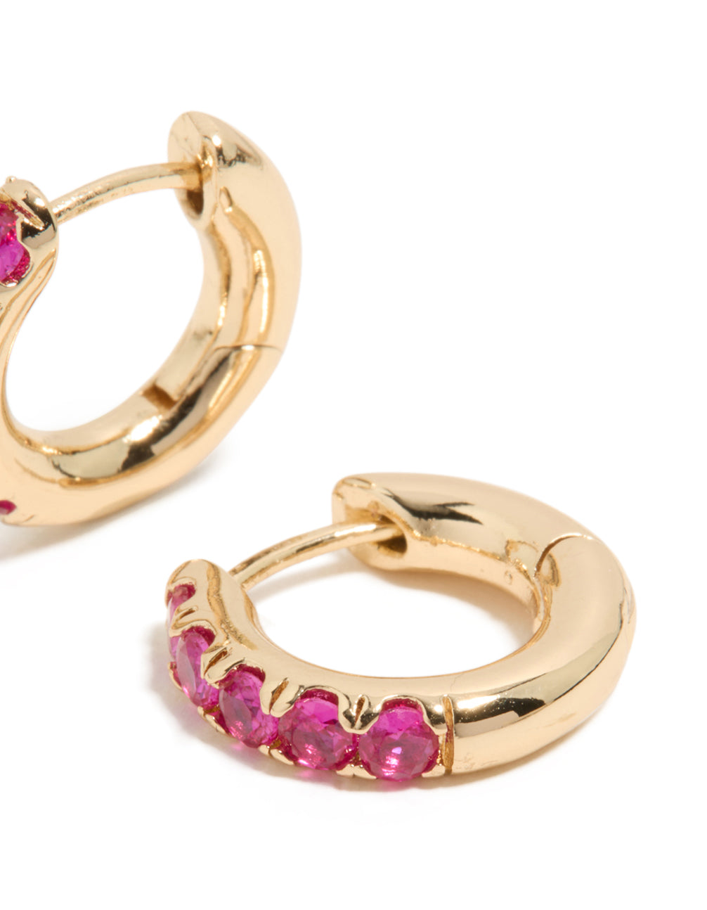 Exquisitely crafted small statement huggie clicker earrings with cubic zirconia in gold and hot pink post detail view