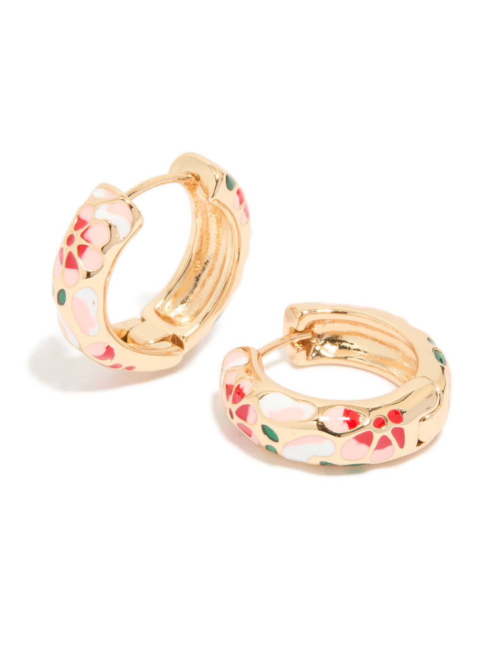 Gold Enamel Floral Thick Huggie Earrings