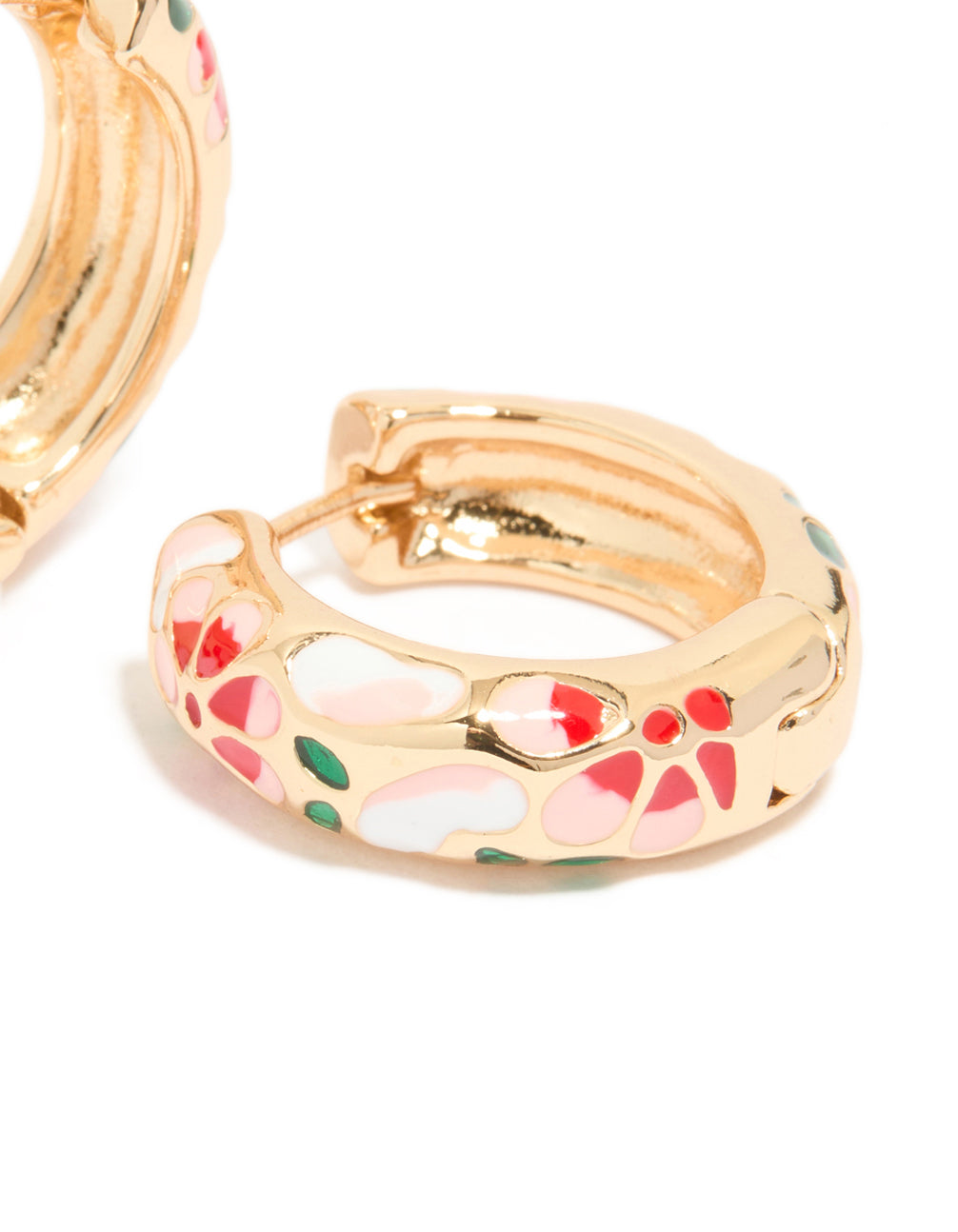 Gold Enamel Floral Thick Huggie Earrings