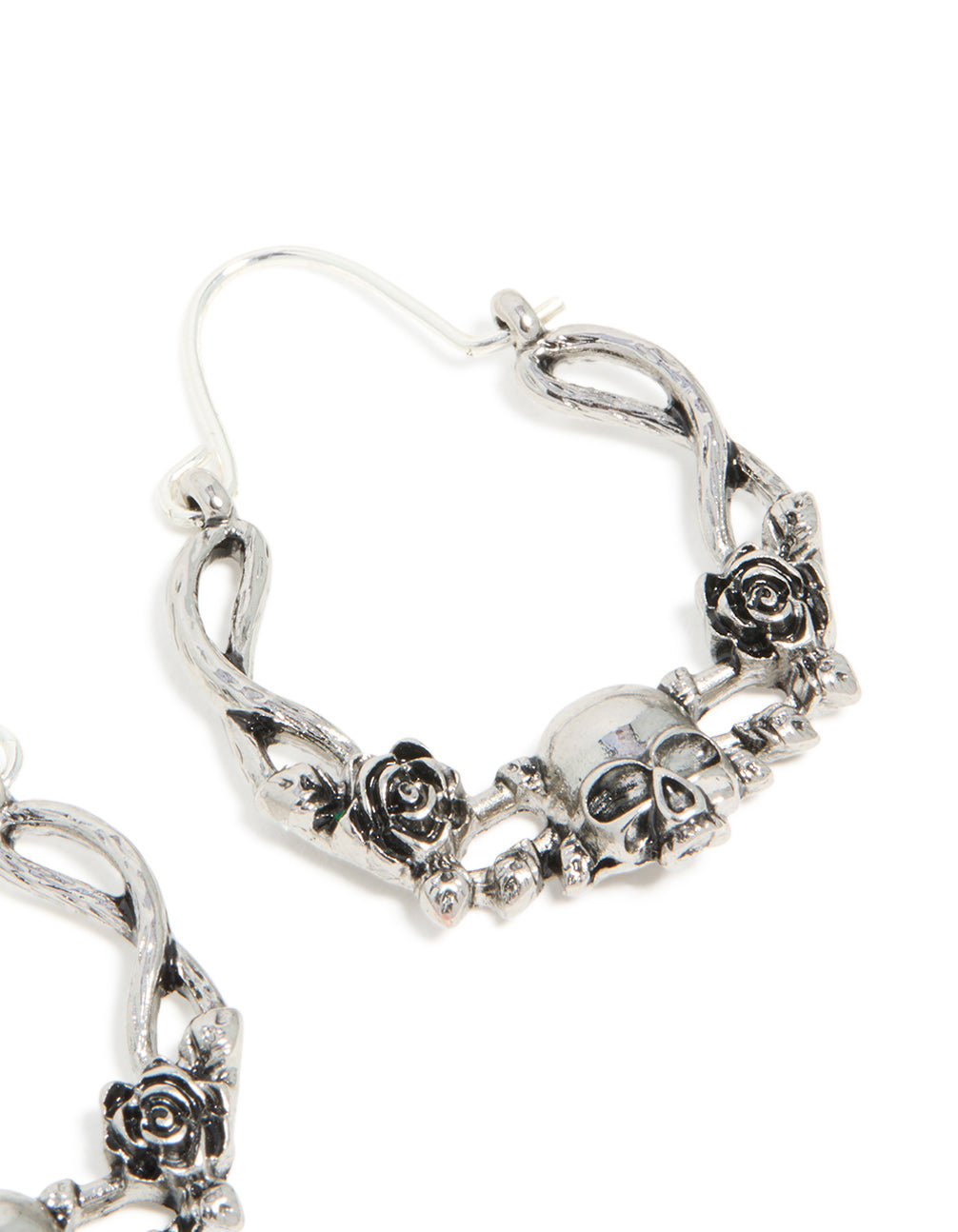 Silver Skull & Roses Hoop Earrings