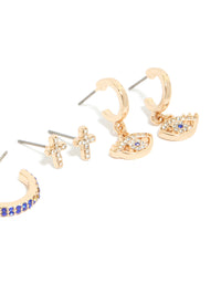 Gold Diamante Evil Eye & Cross Earrings 5-Pack - link has visual effect only