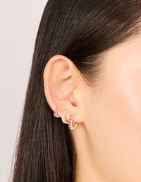 Gold Dark Pink Cubic Zirconia Huggie Earrings 3-Pack - link has visual effect only