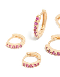 Gold Dark Pink Cubic Zirconia Huggie Earrings 3-Pack - link has visual effect only