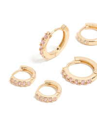 Gold Light Pink Cubic Zirconia Simple Huggie Earrings 3-Pack - link has visual effect only