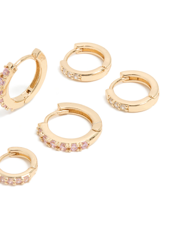 Gold Light Pink Cubic Zirconia Simple Huggie Earrings 3-Pack