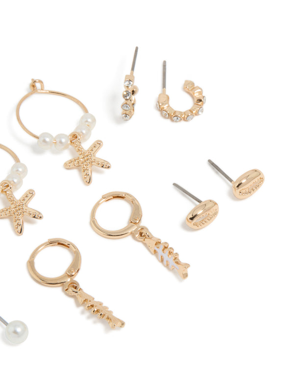 Gold Sea Life Huggie Earrings 6-Pack