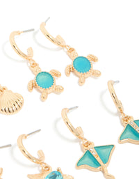 Gold Aqua Diamante Stingray & Sea Life Earrings 6-Pack - link has visual effect only
