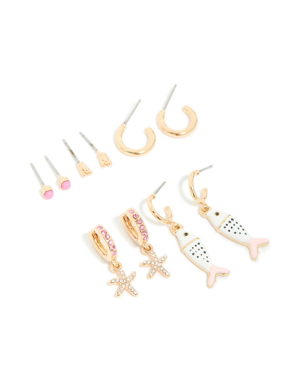 Gold Pink & Enamel Fish Earrings 5-Pack