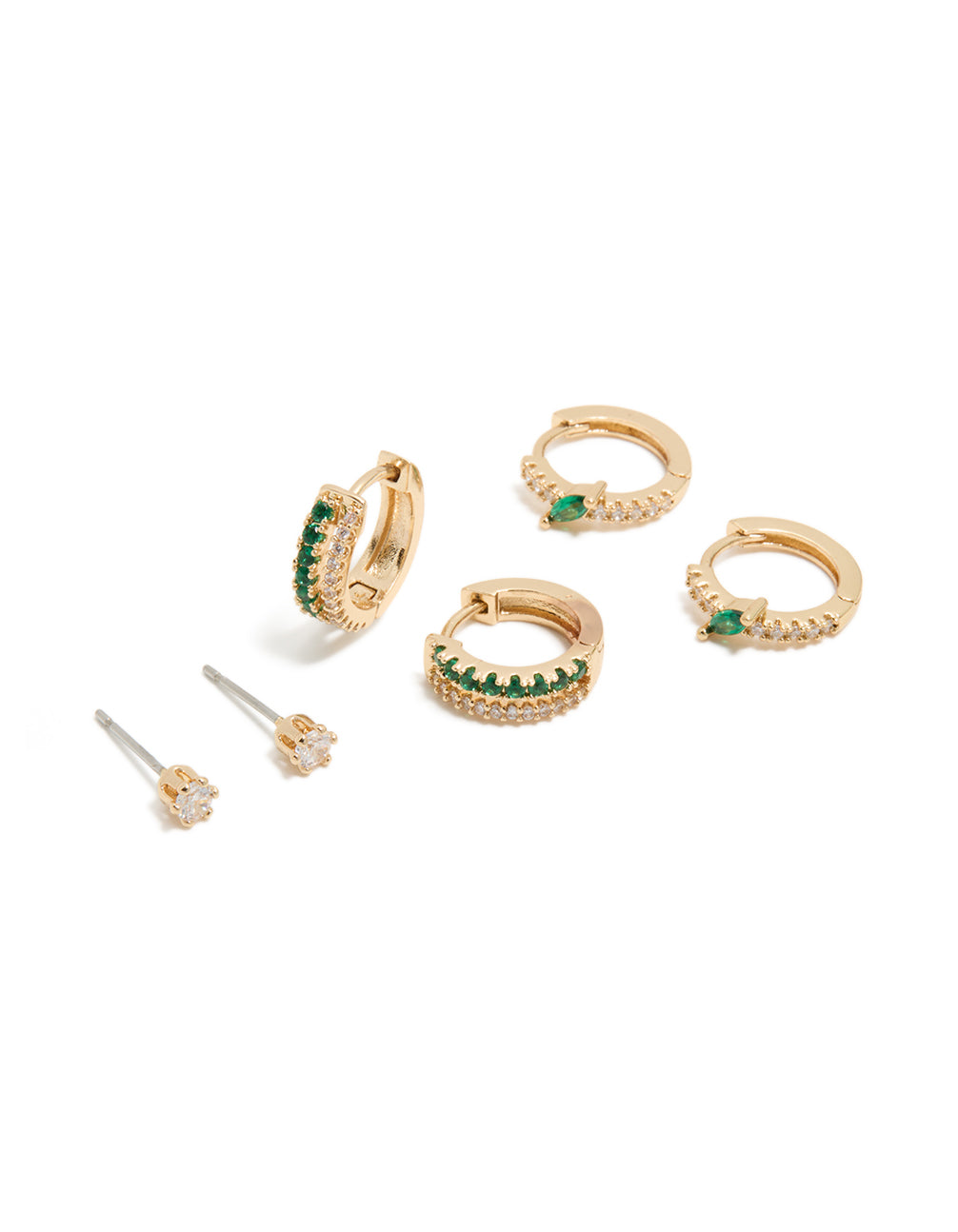 Showcasing a gold dark green cubic zirconia hoop and stud earrings 3-pack with crystal details in hoop closure front view