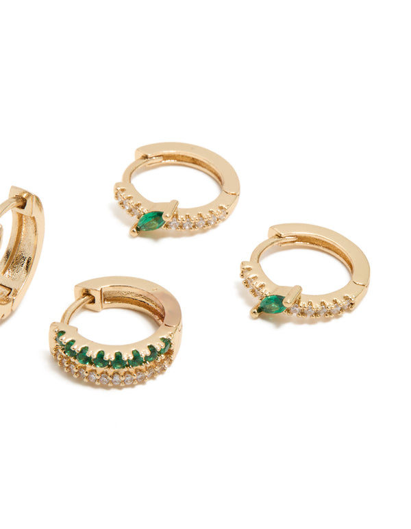 Gold Dark Green Cubic Zirconia Hoop & Stud Earrings 3-Pack