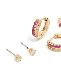 Gold Hot Pink Cubic Zirconia Hoop & Stud Earrings 3-Pack - link has visual effect only
